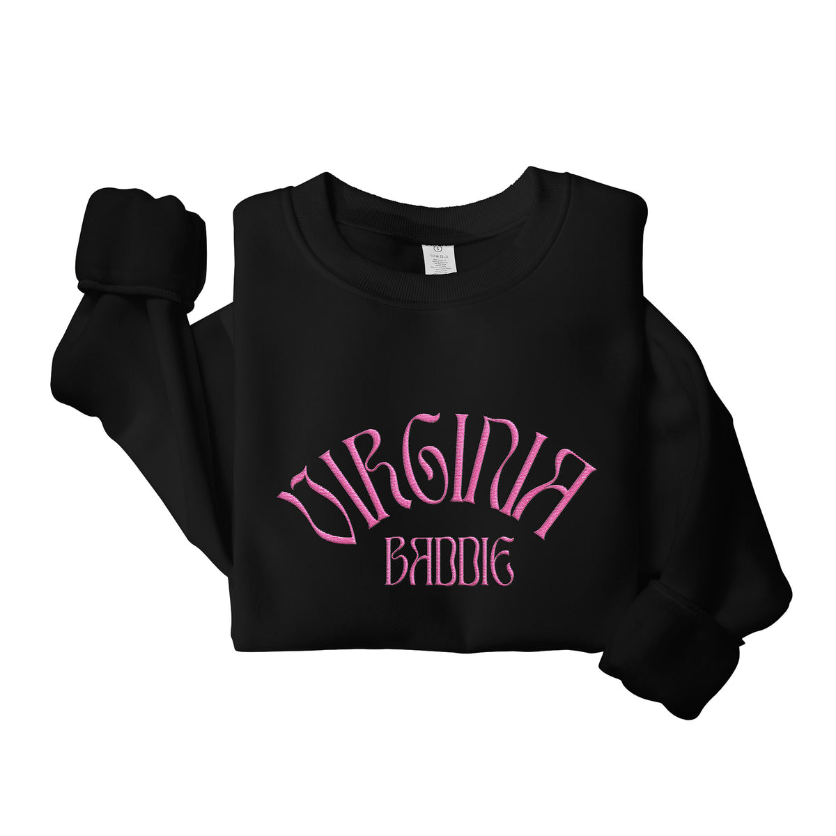 A black long-sleeve sweatshirt with 'VIRGINIA BADDIE' printed in pink gothic-style lettering on the front, displayed on a clean white background.