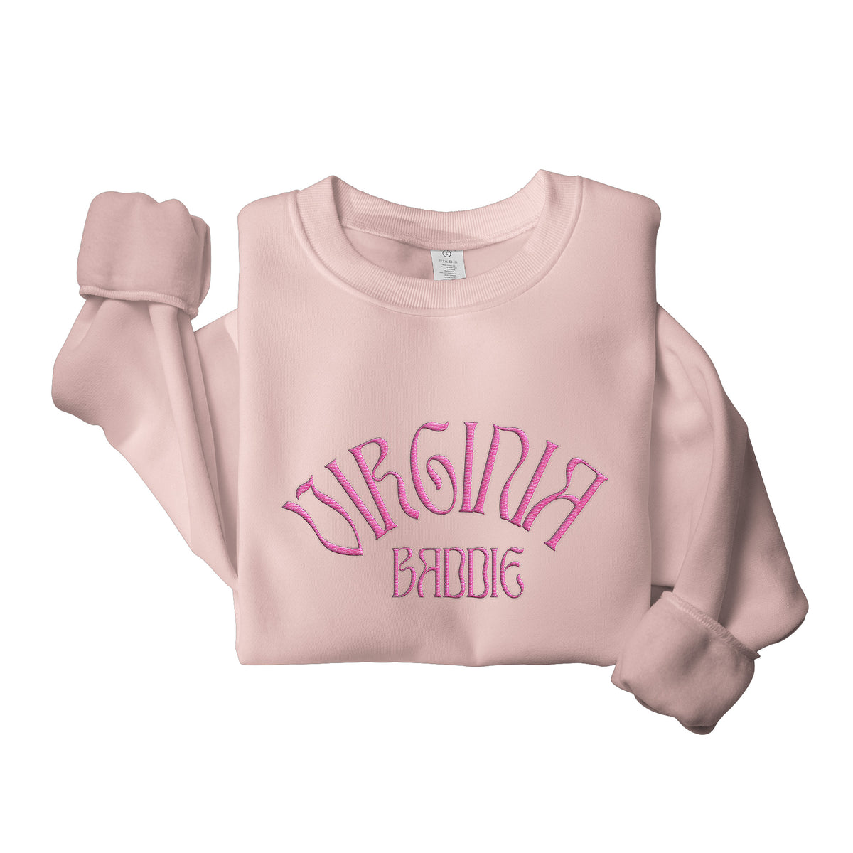 A light pink crewneck sweatshirt with 'VIRGINIA BADDIE' printed in a stylized pink font on the front, displayed against a solid white background.